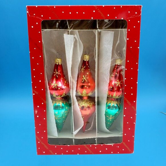 Vintage MCM Starburst Design Finial Glass Ornaments Red Green Gold 1990s 3pc 6" - Picture 6 of 10